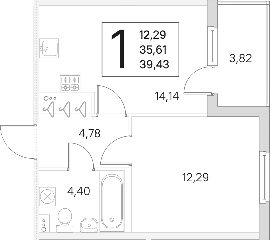 1-комнатная квартира 35.61 м², 1/4 эт., ЖК «Любоград в Стрельне»